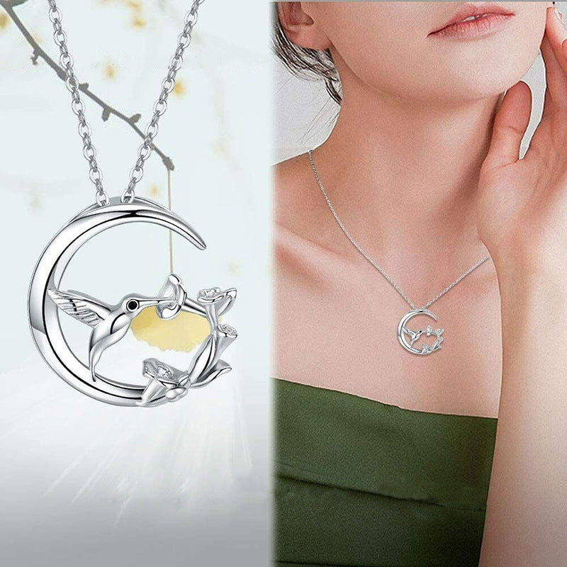 Cute Animal Flower Necklace Morning Glory Blossom Hummingbird